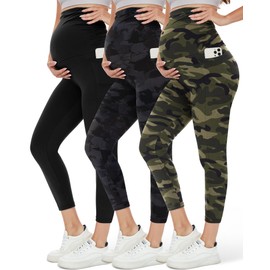 HLTPRO 1/3 Pack Maternity Leggings Over The Belly - Maternity Pants with Pockets for Women Pregnancy Workout Yoga Leggings