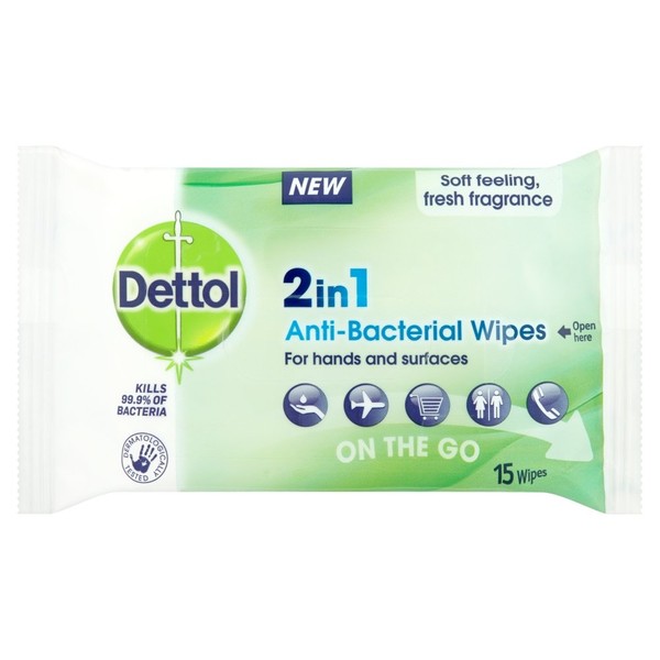Dettol 2-In-1 Antibacterial Wipes, 15 wipes