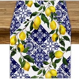 JanJCurt Blue Tile Lemon Table Runner, Summer Fresh Lemon Florals Print Table Runner for Farmhouse Home Dining Kitchen Table Decor Indoors Outdoors Party, 13x36in