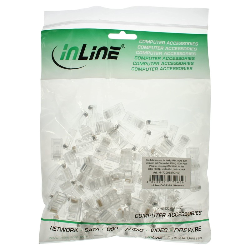 InLine® 73098 Modular Connectors 8P8C RJ45 for Crimping Onto Flat