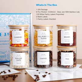 HHMJSM 12 Pcs Square Glass Spice Jars with Natural Bamboo Lids - 5oz Airtight Herb Containers with 148 Waterproof Minimalist Spice Labels Preprinted - Empty Small Seasoning Jars for Kitchen Pantry