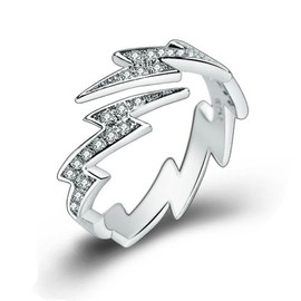 yihan jewelry Sterling Silver Plated Cubic Zirconia Flash lightning Open Band Ring,Adjustable For US 5-9, Metal, Cubic Zirconia