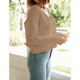 MEROKEETY Women's 2024 Fall Cable Knit Cropped Cardigans Button Down Loose Casual Sweater Short Outwears, Khaki, S