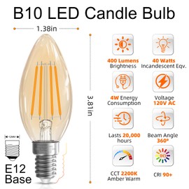 GvvooHome 40 watt Candelabra Light Bulbs, Chandelier Light Bulbs Dimmable E12 LED Bulb, 2200K Amber Warm, B10 Candle Light Bulbs, 90+CRI, 400LM, Amber Glass Finish, 6 Pack