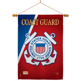 Breeze Decor HS108056-BO-03 Coast Guard Americana Military Veteran Decorative Gift Vertical 28" x 40" Double Sided House Flag Set Wood Dowel with String Hardware Made in USA