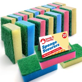 20pk Small Sponge Scourer for Kitchen | Blue, Pink, Yellow Sponges Washing Up | Kitchen Sponge | Dish Sponge | Cleaning Sponges | Washing Up Sponge for Kitchen and Bathroom Surfaces + SOL Sticker