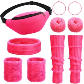 Haysandy 80s Costume Accessories for Women, Neon Leg Warmers Headband Wristbands Earrings Hair Rings for Cosplay(Pink)