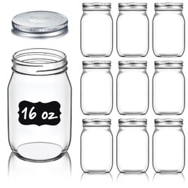 Paksh Novelty Regular-Mouth Glass Mason Canning Jars, 16-Ounce (10-Pack) with Silver Metal Airtight Lids for Meal Prep, Food Storage, Jelly, Dry Food, Spices, Salads, Yogurt with Chalkboard Labels Set
