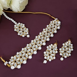 Efulgenz Rhinestone Austrian Crystal Faux Kundan Floral Shape Choker Necklace Dangle Earrings Maang Tikka Head Piece Statement JewelleryWedding Party Costume JewellerySet for Women, One Size, Copper,