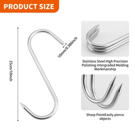 KEJJNYER 6 Pcs 10 inch Meat Hanging Hooks, 10 mm Diameter Stainless Steel Meat Hook, Heavy Duty S Hanging Hooks for Butchering, Smoking, Drying, Cooking, Grilling, BBQ