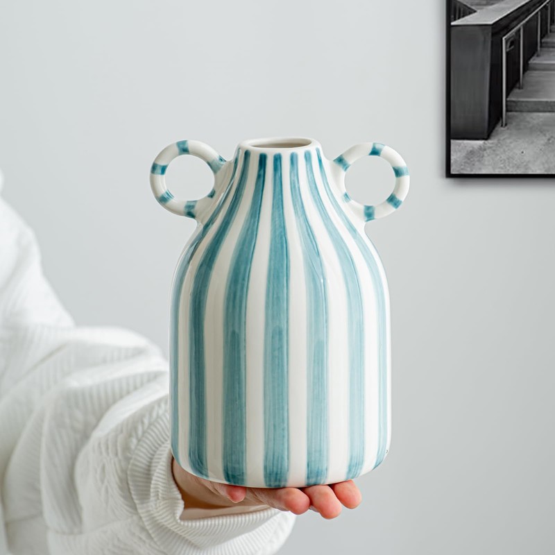Blue and White Ceramic Vase, Mid Century Modern Striped Small