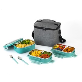 Lille Home 3-Tier Stainless Steel Lunch Box, Portable 82oz Large Capacity Leak-Proof Bento Box,5-Compartment Lunch Box With Lunch Bag And Utensils, Suitable For Work, Camping, Fitness