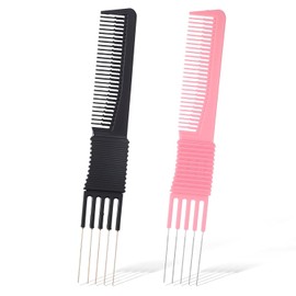 2PCS Teasing Comb, Lift Teasing Comb with Prong, Metal Pick Hair Combs for Women Men Hair Salon Styling, Fine Hairs (Black, Pink)