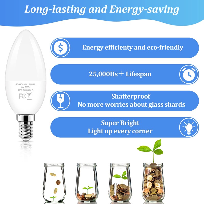 Brightever Candelabra 40W Equivalent LED Light Bulbs, 4W Candle Light