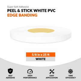 White 5/8 inch x 25 ft PVC Edge Banding Tape Peel Stick Adhesive Edging Veneer Trim Flexible Vinyl Strip Molding Furniture Wood Cabinet Shelf Countertop Board Formica Laminate Plywood Repair