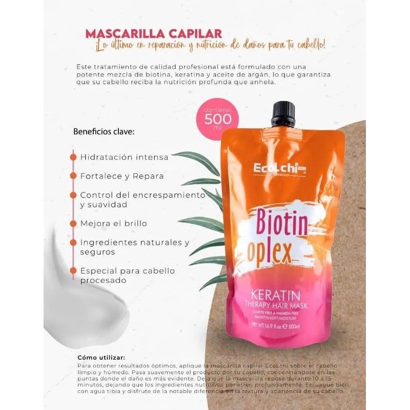 EcoLchi Biotin Oplex Mascarilla Capilar con Keratina, Tratamiento Reparación Intensiva,