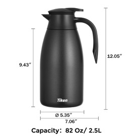 Tiken 85 Oz Thermal Coffee Carafe, Stainless Steel Insulated Vacuum Coffee Carafes For Keeping Hot, 2.5 Liter Beverage Dispenser (Black)