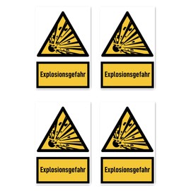 Stickers: 150 x 100 mm, Pack of 4 – Explosion Hazard – Warning Sign with Text (German) (Yellow/Black) – Vertical – W002 – DIN EN ISO 7010 / ASR A1.3
