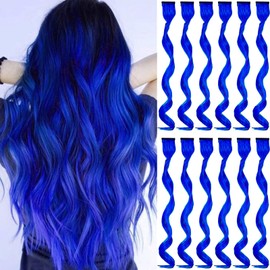 GPOVVIMX 12 PCS Blue Hair Extensions Clip in, Curly Wavy Colored Extension for Kids Girls - Party Highlights Synthetic Hairpiece 17 inch
