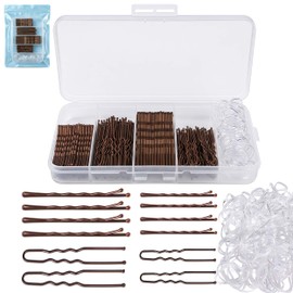 300PCS Hair Pins and Clear Elastic Bands Set, 200PCS Bobby Pins & U Shaped Hair Pins with Organizer Box, 100PCS Rubber Hair Ties for Women Girls, Brown
