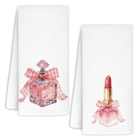 Coquette Pink Bow Perfume Lipstick Bathroom Hand Towels Set of 2, Preppy Girly Decorative Dish Tea Towels, Trendy Fashion Hand Towel for Girls Bathroom Powder Room, 16x24 Inch