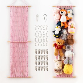 Pretty Jolly 47" Cotton Hanging Storage Net for Stuffed Animal with 20 Metal Clips Plushie Display Organizer Kid Room Nursery Decor Wall-Mounted Holder for Girls Boy Gift(Light Pink)