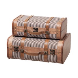 SLPR Decorative Wooden Storage Chest - Set of 2 | Wood Trunk Suitcase with Straps (Striped) | Antique Nesting Trunks