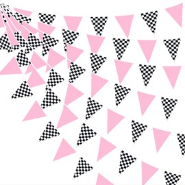 32Ft Racing Party Decorations Pink Black White Checkered Racing Car Fabric Banner Triangle Flag Pennant Garland Streamers for Kids Girls Car Birthday Two Fast Baby Shower NASCAR Picnic Outdoor Decor