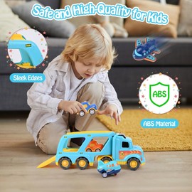 Zoelele Truck Toy Transporter for Children from 3 Years, 5-in-1 Toy Car Set with Light & Sound, Includes 4 Mini Racing Cars, Portable Car Transporter, Boys 3-7 Years - 01