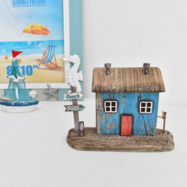 Veclotch Wood Miniature Nautical Table Sculptures Home Decor, Small Wooden House Figurine Garden Ornament Summer Mini House Statue with Beach Surf Sign
