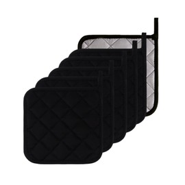 Kitchen Pot Holders Set Heat Resistant Pure Cotton Potholders Kit Trivets Large Coasters Hot Pads Terry Pot Holders for Everyday Cooking and Baking by 7 x 7 Inch Set of 6 Black