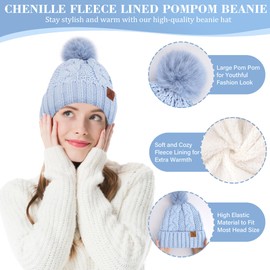 ZASFOU Womens Winter Beanie Hats Scarf Touchscreen Gloves Set Chenille Knit Fleece Lined Beanies Pompom Hat Scarves Gifts for Women Light Blue