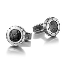 Colibri Daytona Cufflinks For Men - Designer Cufflinks with Black Genuine Leather Inlay - Pivoting Whale Back Closure - Polished Stainless Steel - Gift Box