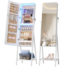 LVSOMT LED Standing Jewelry Mirror Cabinet, Stand Up Full Length Mirror with Storage, Lockable Floor Jewelry Armoire Organizer with 2 Drawers, Bottom Shelf, Built-in Lighted Makeup Mirror (White)