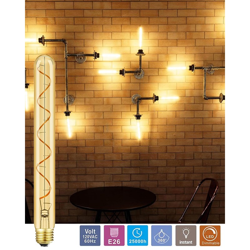Leools Vintage LED Spiral Filament Bulb T10, 11.8inch Long Tubular