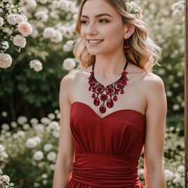 BriLove Women's Ethnic Tribal Rhinestone Crystal Chunky Statement Necklace Dangle Earrings Set Red Black-Toned