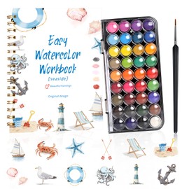 Watercolor Workbook–36 Colors,12 Ocean Designs,with Palette & Brush