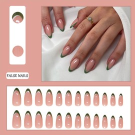 Short Oval Stick on Nails - 24pcs Dark Green Edge French Tip False Nails - Press on Nails Removable Glue-on Nails Full Cover Fake Nails Women Girls