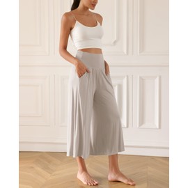 ODODOS Women's Wide Leg Palazzo Lounge Cropped Pants with Pockets Light Weight Comfy Casual Pajama Capri Pants-22 inseam, Light Beige, XX-Large