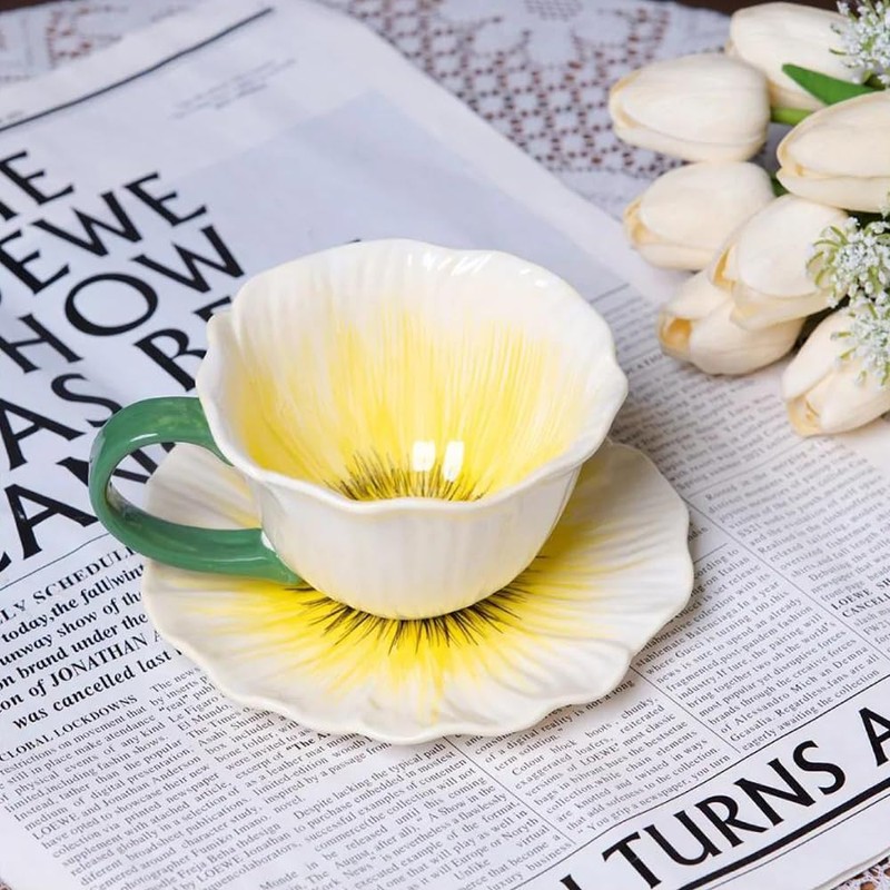 ONEUSTAR Ceramic Flower Shaped Tea Cup and Saucer Set, Yellow,