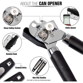 Manual Can Opener, Food-Safe Stainless Steel, Smooth Edge, Tin Lids Jar Bottle Caps Openers with Non-Slip Handle and Stainless Steel Ergonomic Turning Knob for Elderly with Arthritis