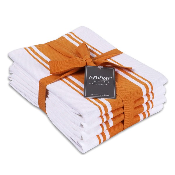 AMOUR INFINI Classic Stripe Kitchen Dish Towels | 4 Pack | 28 x 20 Inch, Over Sized | Multi-use Kitchen Towels |100% Ring Spun Premium Cotton | Highly Absorbent Tea Towels | Orange