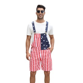 Kidsonny Men's Patriotic Romper American Flag Print Denim Bid Overall Shorts Jeans One Piece Jumpsuit