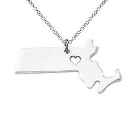 Meiligo 18K Gold Silver Country Map Charm Pendant Massachusetts State Map Necklace Jewelry (Silver)