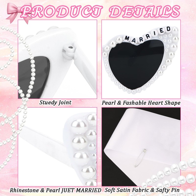 CIEHER Just Married Pearl Bride Sash and Bride Heart Shaped