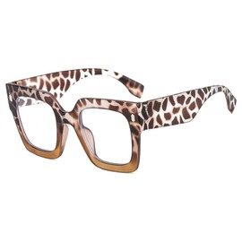 Long Keeper Quadratische Übergroße Blaulicht Filter Brille Damen Herren Computerbrille Anti Blaues Licht Brille (Leopard Braun Klar)
