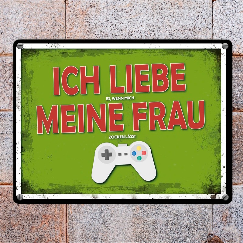 Metal Sign with Gamer Motif and Saying: Ich liebe es