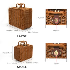 Wicker Picnic Basket, Decorative Prop Suitcase Vintage Storage Hamper Makeup Organizer, Metal Lock Rattan Storage Box with Handles for Sundries Travel Camping and Outdoor Party (Brown, Large+Small)