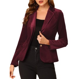 Allegra K Ladies' Velvet Blazer Vintage Notched Lapel Button Front Work Suit Jacket Dark Red L