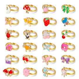 Hifot 24 pcs Girls Adjustable Rings, Princess Jewelry Finger Rings with Heart Shape Box, Girl Pretend Play and Dress up Rings for Children Kids Little Girls